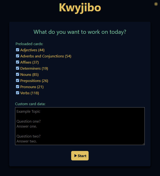 a screenshot of a the initial setup screen for Kwyjibo with a list of taekwondo forms available to study